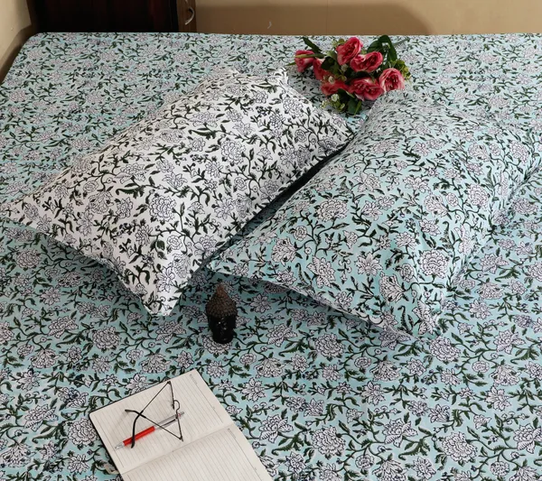 220_TC_|_335_GSM_|_Multicolor_Cotton_Hand_Block_Print_Floral_Bedsheet_With_Pillow_Cover