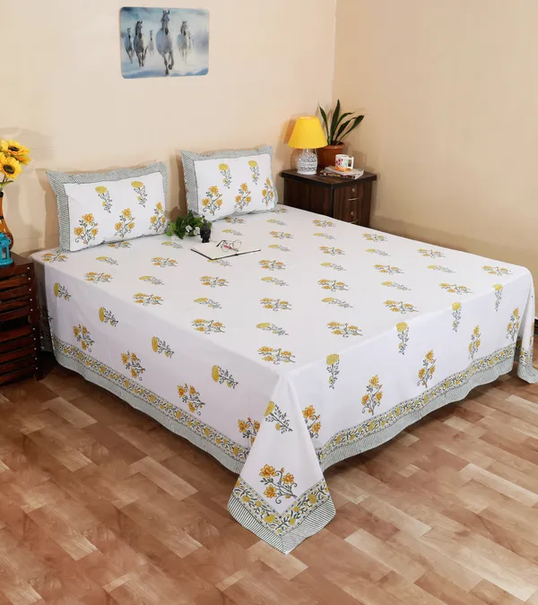 220_TC_|_335_GSM_|_Yellow_Cotton_Hand_Block_Print_Bedsheet_With_Pillow_Cover