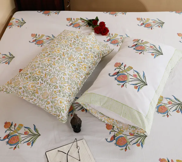 220_TC_|_335_GSM_|_Multicolor_Cotton_Hand_Block_Printed_Floral_Peacock_Bedsheet_With_Pillow_Cover