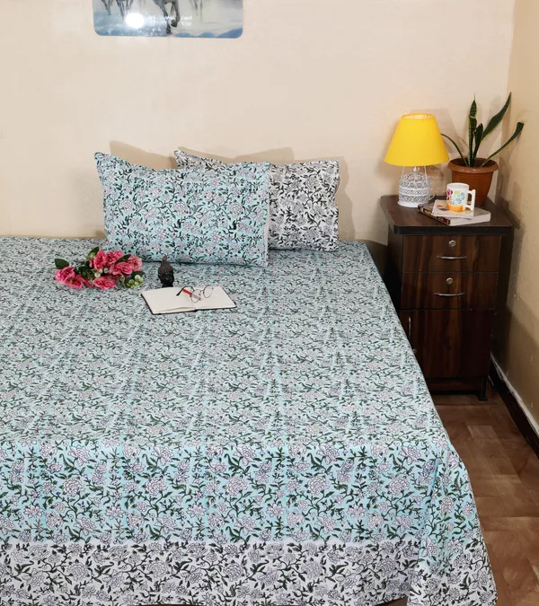 220_TC_|_335_GSM_|_Multicolor_Cotton_Hand_Block_Print_Floral_Bedsheet_With_Pillow_Cover