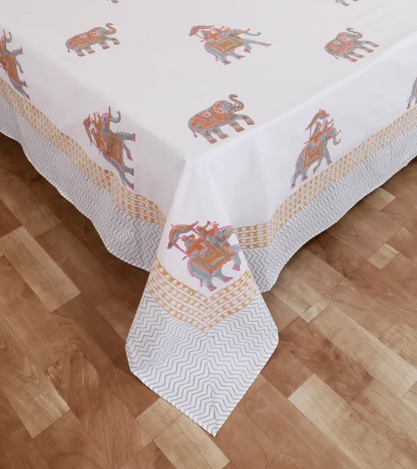 220_TC_|_335_GSM_|_Multicolor_Cotton_Hand_Block_Printed_Elephant_Howdah_Bedsheet_With_Pillow_Cover