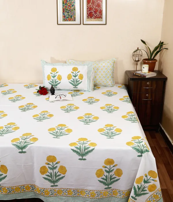 220_TC_|_335_GSM_|_White_And_Yellow_Cotton_Floral_Print_Bedsheet_With_Pillow_Cover