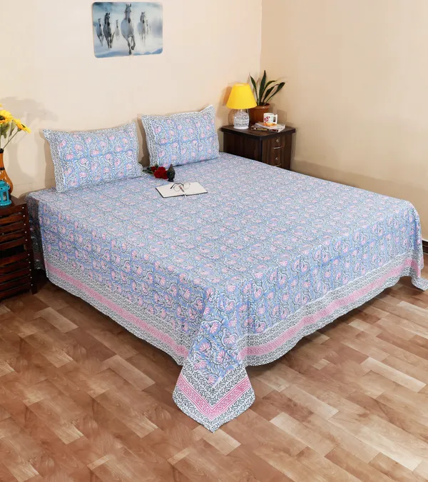 220_TC_|_335_GSM_|_Blue_And_Pink_Cotton_Hand_Block_Print_Bedsheet_With_Pillow_Cover