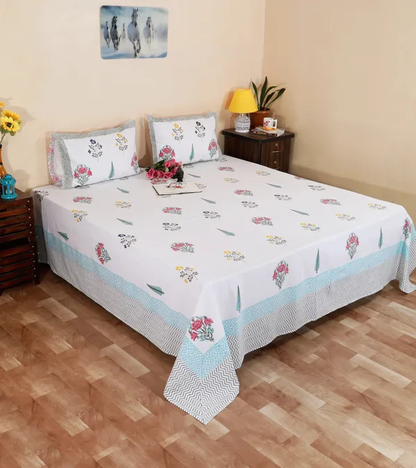 220_TC_|_335_GSM_|_Multicolor_Cotton_Hand_Block_Printed_Floral_Bedsheet_With_Pillow_Cover
