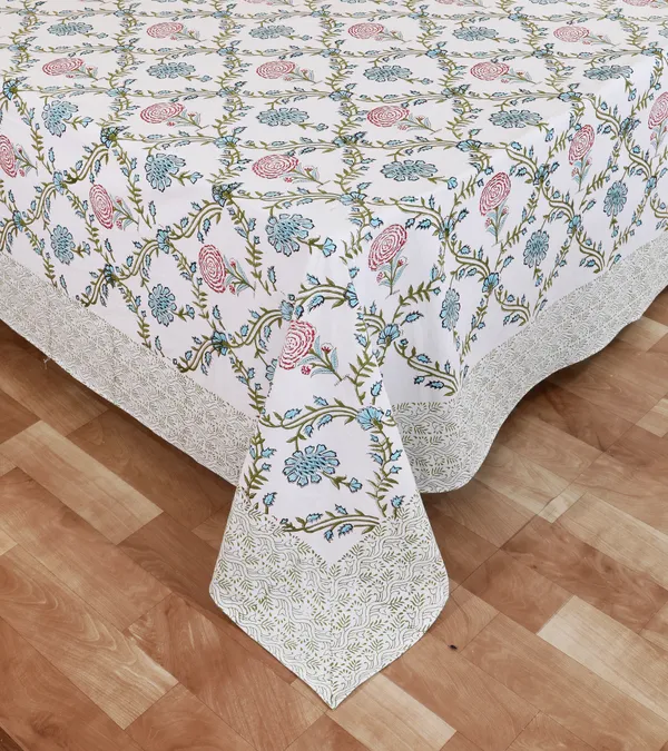 220_TC_|_335_GSM_|_Multicolor_Cotton_Hand_Block_Printed_Floral_Bedsheet_With_Pillow_Cover