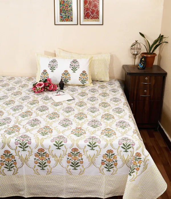 220_TC_|_335_GSM_|_Multicolor_Cotton_Hand_Block_Print_Mughal_Floral_Bedsheet_With_Pillow_Cover