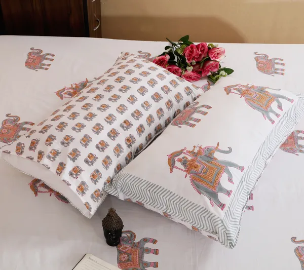 220_TC_|_335_GSM_|_Multicolor_Cotton_Hand_Block_Printed_Elephant_Howdah_Bedsheet_With_Pillow_Cover