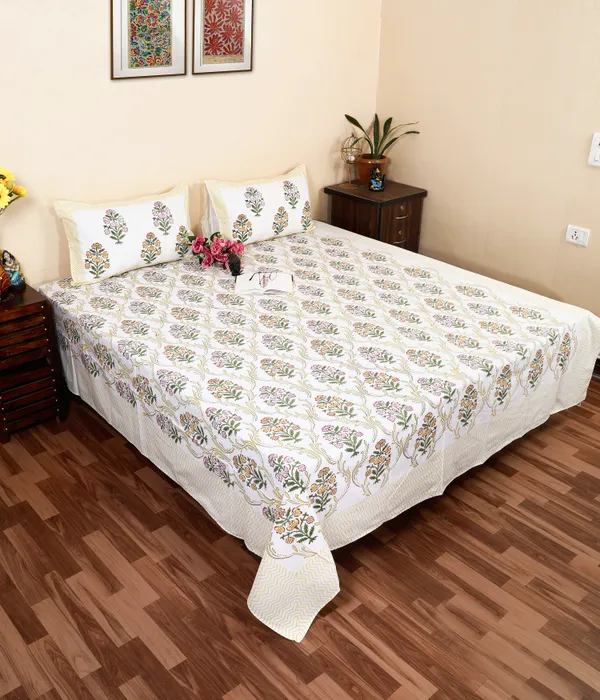 220_TC_|_335_GSM_|_Multicolor_Cotton_Hand_Block_Print_Mughal_Floral_Bedsheet_With_Pillow_Cover