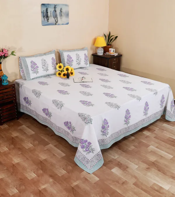 220_TC_|_335_GSM_|_Purple_And_Grey_Cotton_Block_Print_Floral_Bedsheet_With_Pillow_Cover