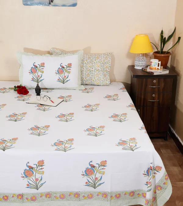 220_TC_|_335_GSM_|_Multicolor_Cotton_Hand_Block_Printed_Floral_Peacock_Bedsheet_With_Pillow_Cover