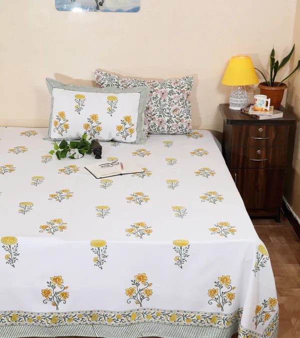 220_TC_|_335_GSM_|_Yellow_Cotton_Hand_Block_Print_Bedsheet_With_Pillow_Cover
