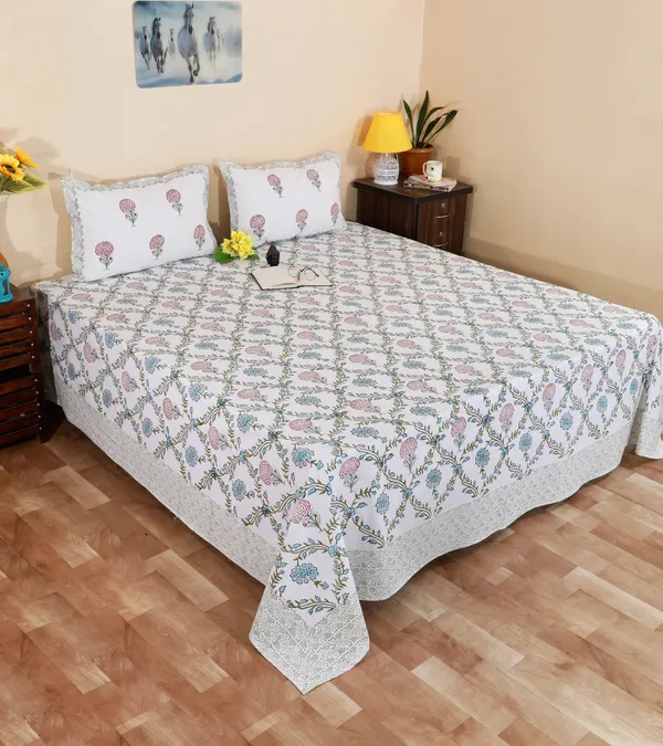 220_TC_|_335_GSM_|_Multicolor_Cotton_Hand_Block_Printed_Floral_Bedsheet_With_Pillow_Cover