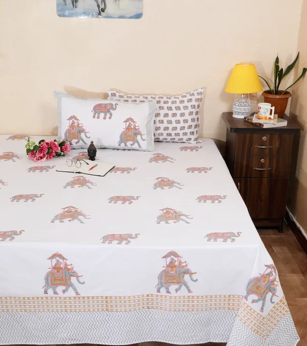 220_TC_|_335_GSM_|_Multicolor_Cotton_Hand_Block_Printed_Elephant_Howdah_Bedsheet_With_Pillow_Cover