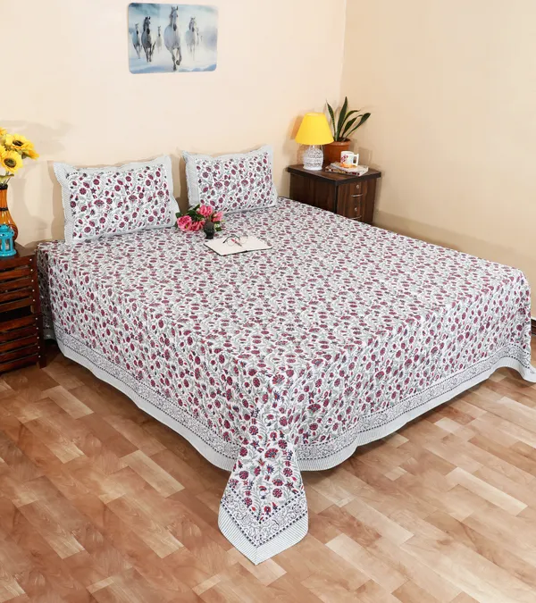 220_TC_|_335_GSM_|_Red_And_White_Cotton_Hand_Block_Print_Floral_Bedsheet_With_Pillow_Cover