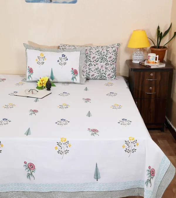 220_TC_|_335_GSM_|_Multicolor_Cotton_Hand_Block_Print_Floral_Tree_Bedsheet_With_Pillow_Cover