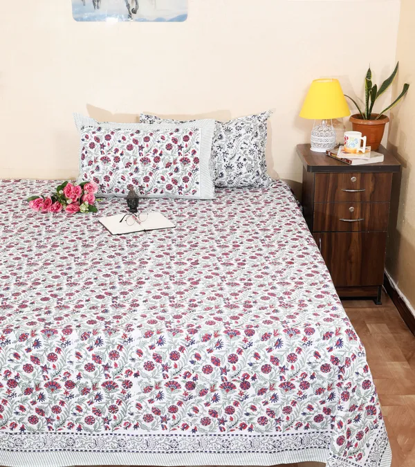 220_TC_|_335_GSM_|_Red_And_White_Cotton_Hand_Block_Print_Floral_Bedsheet_With_Pillow_Cover