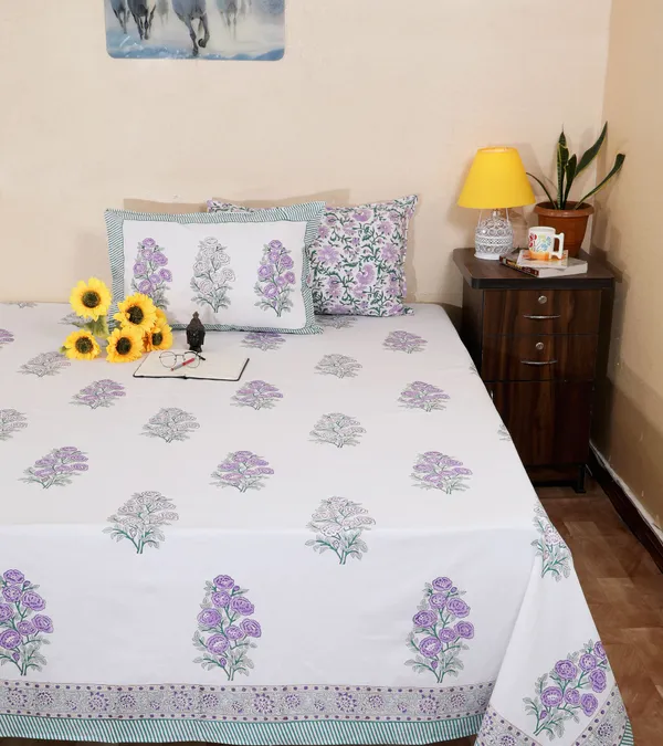 220_TC_|_335_GSM_|_Purple_And_Grey_Cotton_Block_Print_Floral_Bedsheet_With_Pillow_Cover