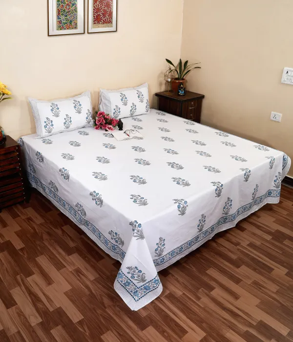 220_TC_|_335_GSM_|_Multicolor_Cotton_Hand_Block_Print_Floral_Bedsheet_With_Pillow_Cover