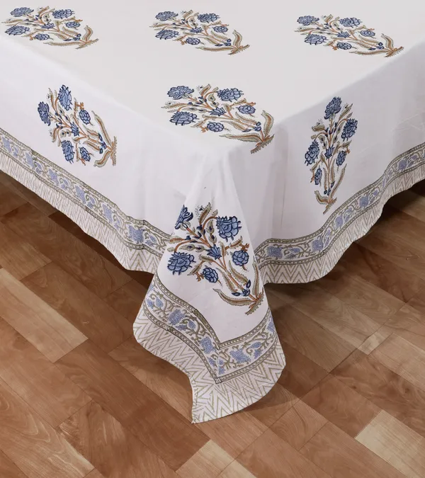 220_TC_|_335_GSM_|_Blue_And_White_Cotton_Hand_Block_Printed_Floral_Booti_Bedsheet_With_Pillow_Cover