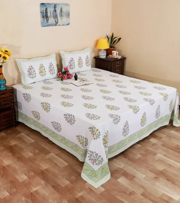 220_TC_|_335_GSM_|_Multicolor_Cotton_Hand_Block_Print_Floral_Bedsheet_With_Pillow_Cover