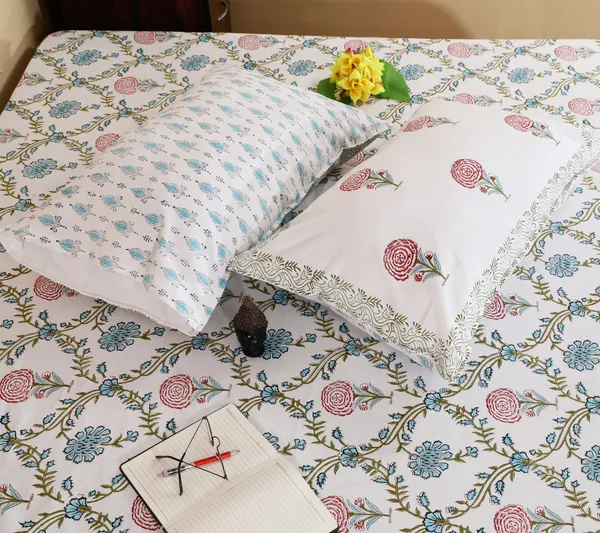 220_TC_|_335_GSM_|_Multicolor_Cotton_Hand_Block_Printed_Floral_Bedsheet_With_Pillow_Cover