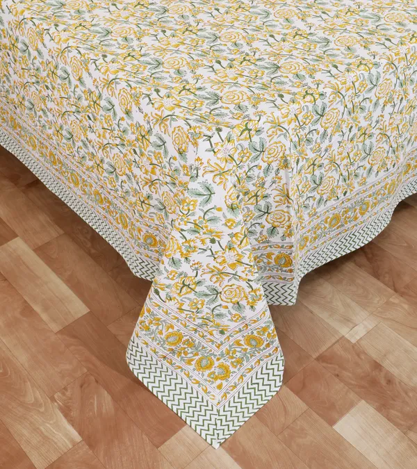 220_TC_|_335_GSM_|_Yellow_And_Grey_Cotton_Floral_Print_Geometric_Border_Bedsheet_With_Pillow_Cover