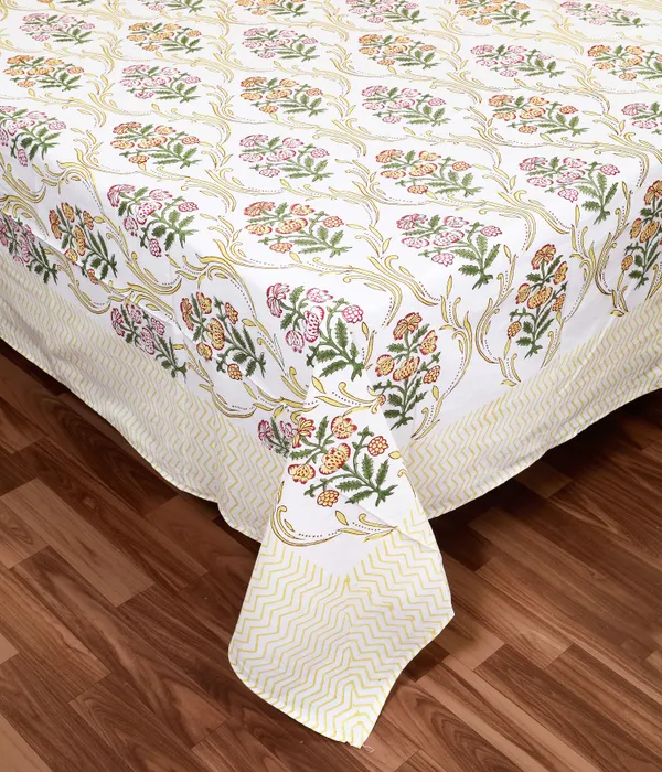 220_TC_|_335_GSM_|_Multicolor_Cotton_Hand_Block_Print_Mughal_Floral_Bedsheet_With_Pillow_Cover