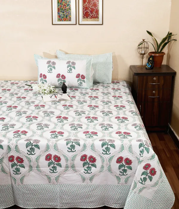 220_TC_|_335_GSM_|_Multicolor_Cotton_Block_Print_Floral_Bedsheet_With_Pillow_Cover