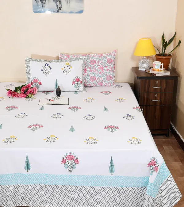 220_TC_|_335_GSM_|_Multicolor_Cotton_Hand_Block_Printed_Floral_Bedsheet_With_Pillow_Cover