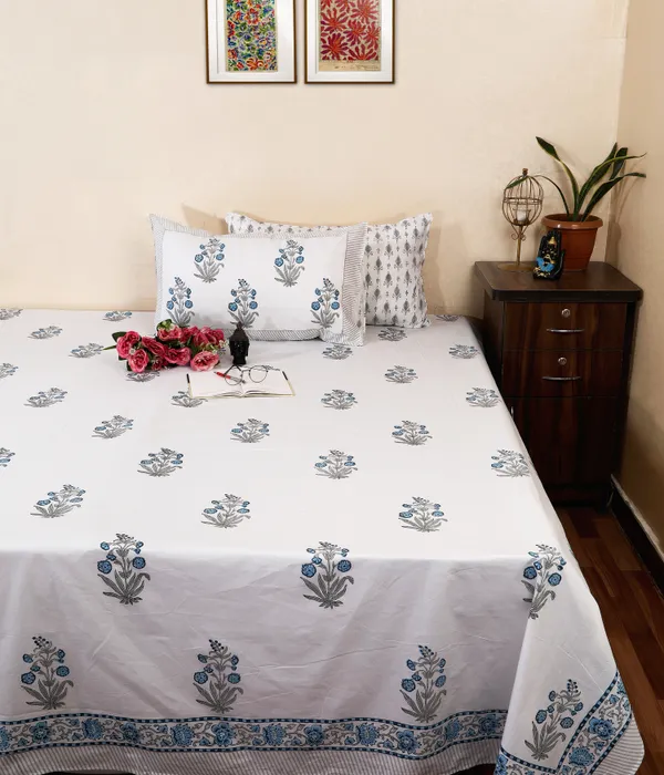 220_TC_|_335_GSM_|_Multicolor_Cotton_Hand_Block_Print_Floral_Bedsheet_With_Pillow_Cover