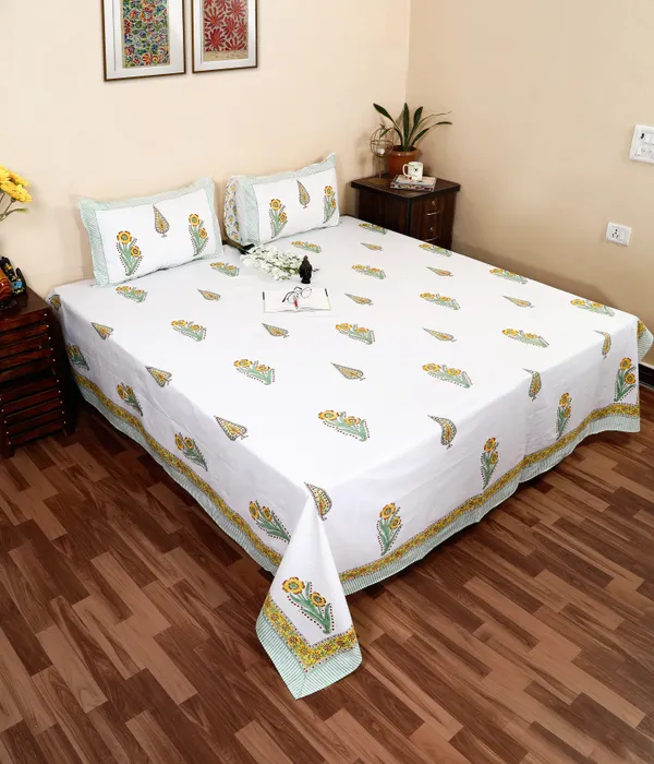 220_TC_|_335_GSM_|_Multicolor_Cotton_Hand_Block_Print_Bedsheet_With_Pillow_Cover