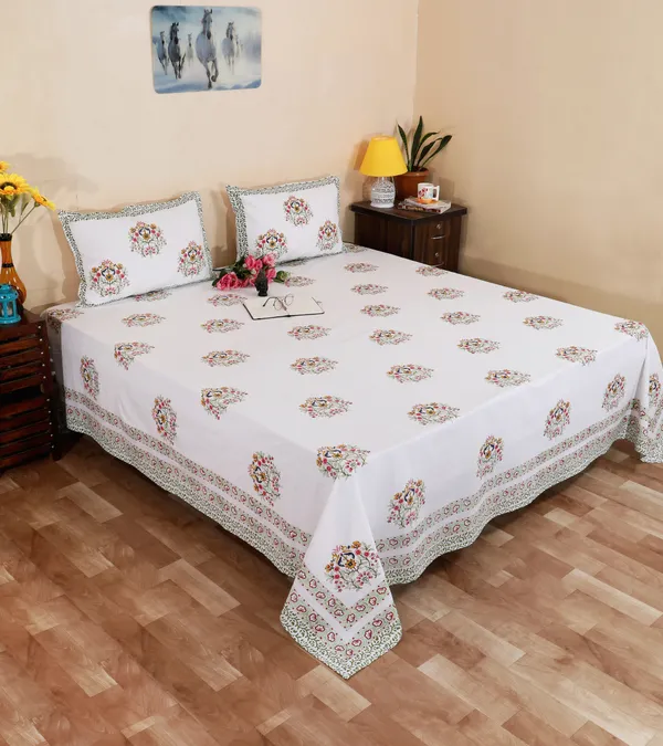 220_TC_|_335_GSM_|_Multicolor_Cotton_Hand_Block_Print_Bedsheet_With_Pillow_Cover