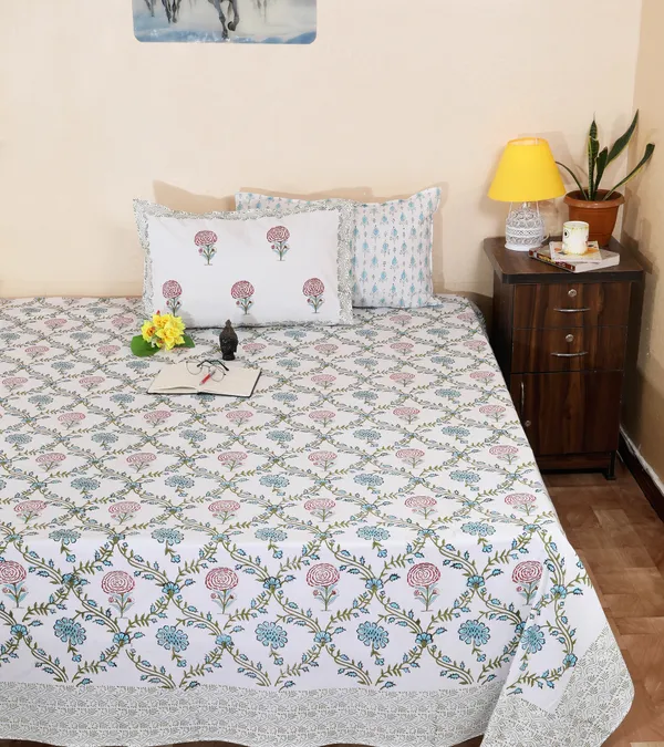 220_TC_|_335_GSM_|_Multicolor_Cotton_Hand_Block_Printed_Floral_Bedsheet_With_Pillow_Cover
