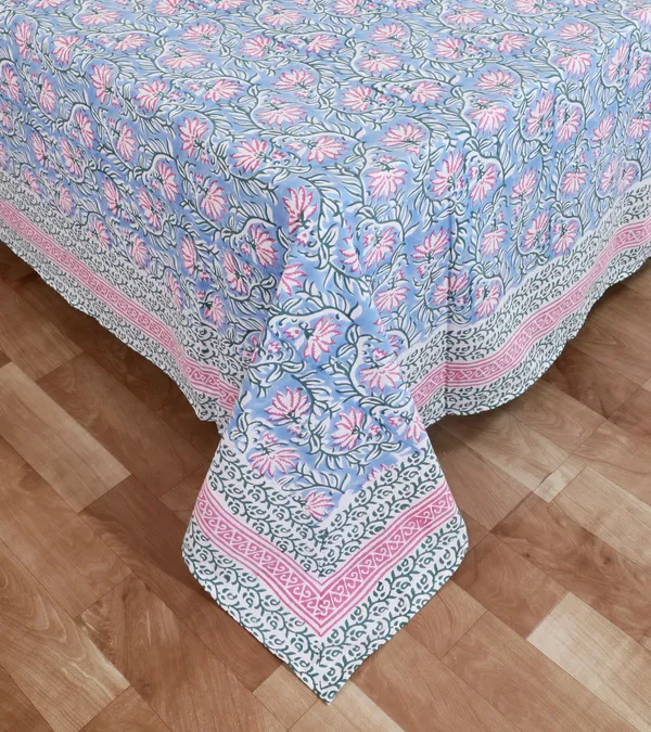 220_TC_|_335_GSM_|_Blue_And_Pink_Cotton_Hand_Block_Print_Bedsheet_With_Pillow_Cover