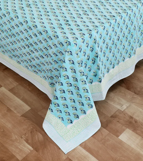 220_TC_|_335_GSM_|_Turquoise_Blue_And_White_Cotton_Hand_Block_Print_Bedsheet_With_Pillow_Cover