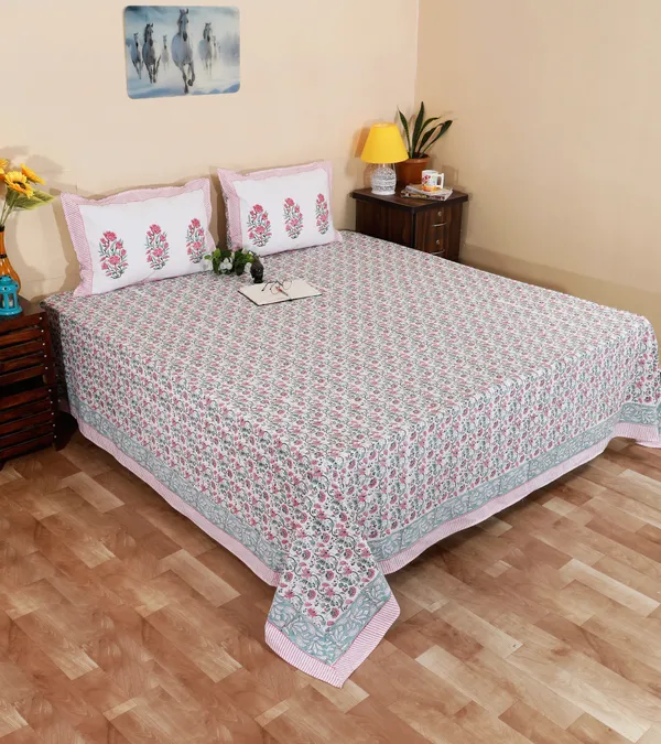 220_TC_|_335_GSM_|_Multicolor_Cotton_Floral_Print_Bedsheet_With_Pillow_Cover
