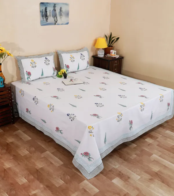 220_TC_|_335_GSM_|_Multicolor_Cotton_Hand_Block_Print_Floral_Tree_Bedsheet_With_Pillow_Cover