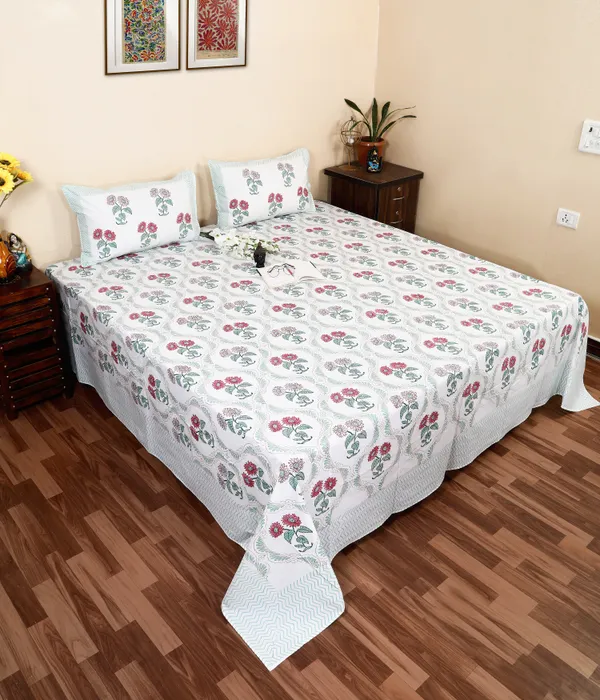 220_TC_|_335_GSM_|_Multicolor_Cotton_Block_Print_Floral_Bedsheet_With_Pillow_Cover
