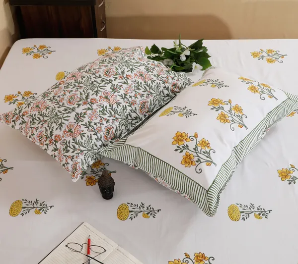 220_TC_|_335_GSM_|_Yellow_Cotton_Hand_Block_Print_Bedsheet_With_Pillow_Cover