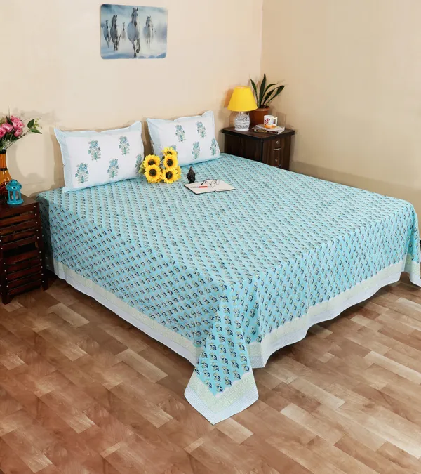 220_TC_|_335_GSM_|_Turquoise_Blue_And_White_Cotton_Hand_Block_Print_Bedsheet_With_Pillow_Cover