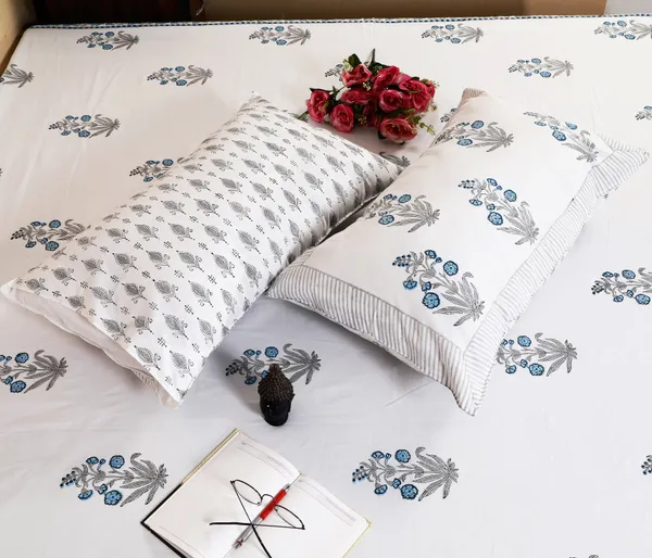 220_TC_|_335_GSM_|_Multicolor_Cotton_Hand_Block_Print_Floral_Bedsheet_With_Pillow_Cover