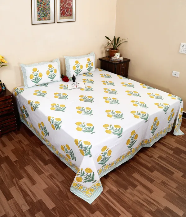 220_TC_|_335_GSM_|_White_And_Yellow_Cotton_Floral_Print_Bedsheet_With_Pillow_Cover