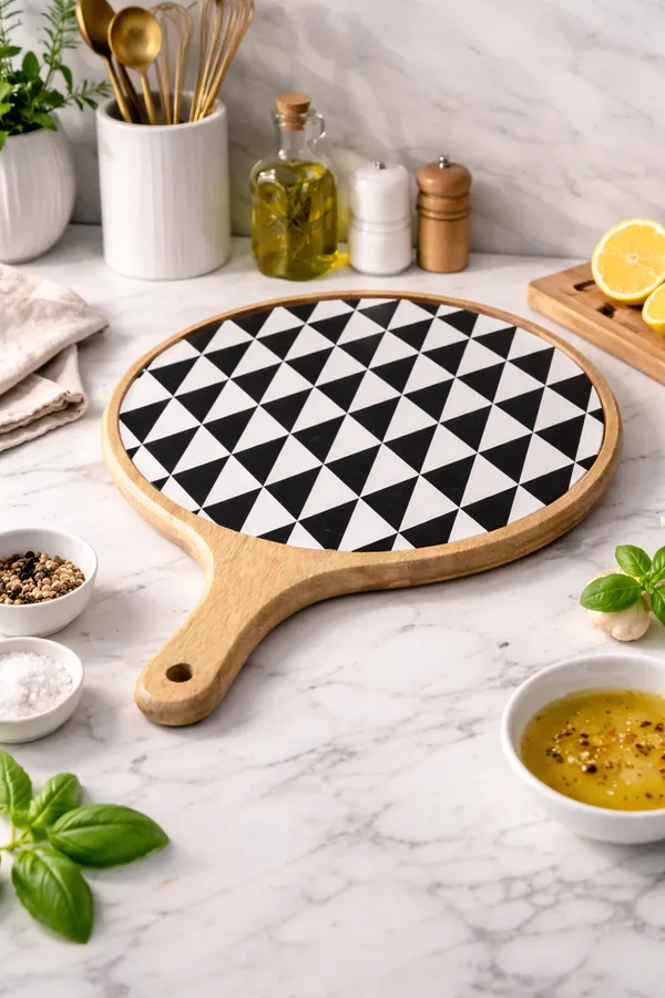 Black_And_White_Wood_Geometric_Print_Round_Serving_Board_With_Handle