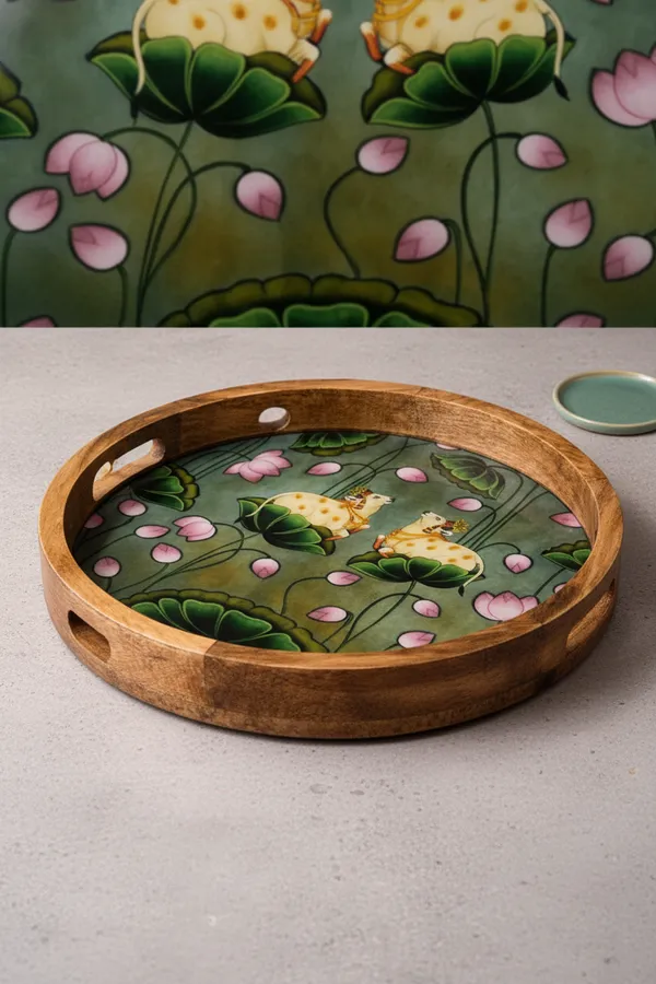 Multicolor_Wood_Nature_Frog_Pond_Lotus_Print_Serving_Tray