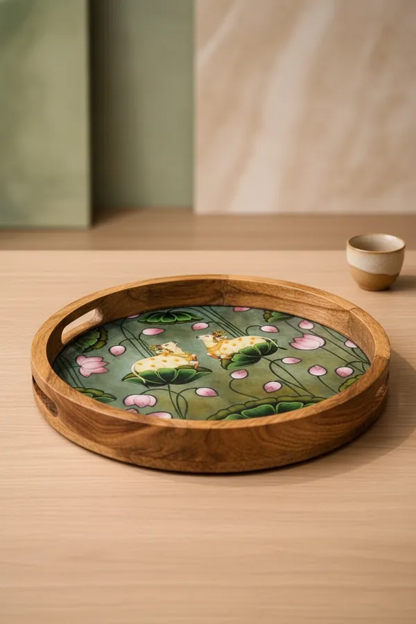 Multicolor_Wood_Nature_Frog_Pond_Lotus_Print_Serving_Tray