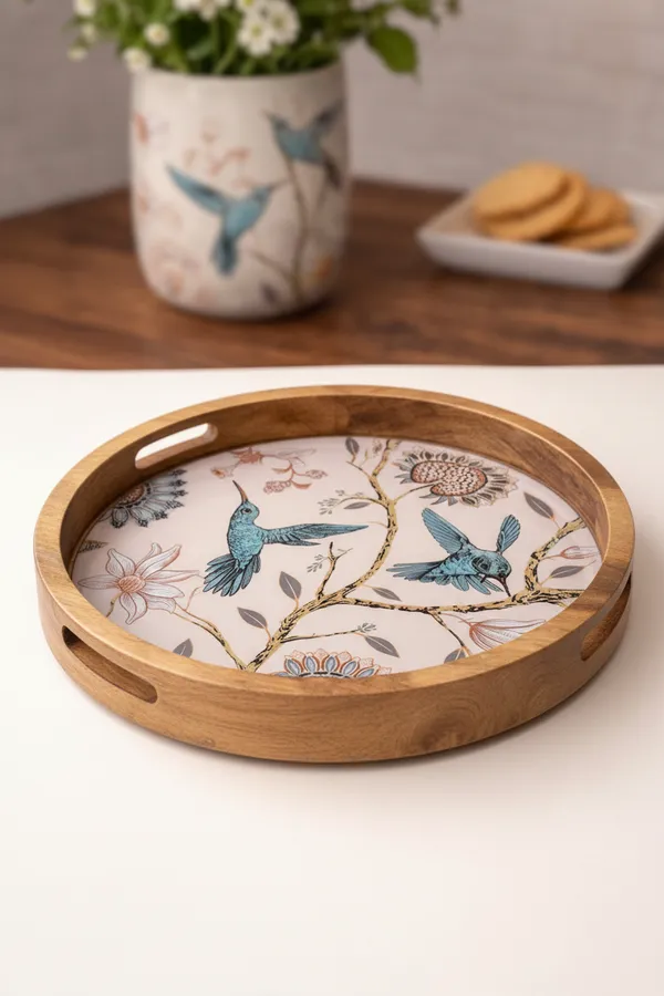 Multicolor_Wood_Nature_Hummingbird_Pink_Blossom_Floral_Serving_Tray_With_Handles