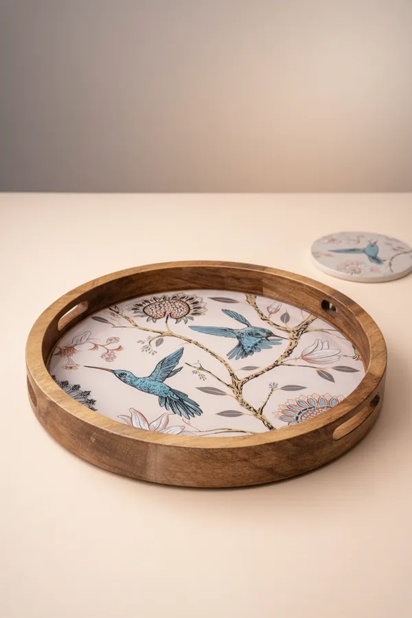 Multicolor_Wood_Nature_Hummingbird_Pink_Blossom_Floral_Serving_Tray_With_Handles