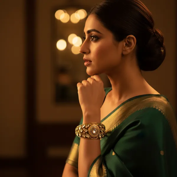 Gold_And_Clear_Toned_Regal_Kundan_Polki_Cuff_Bangle