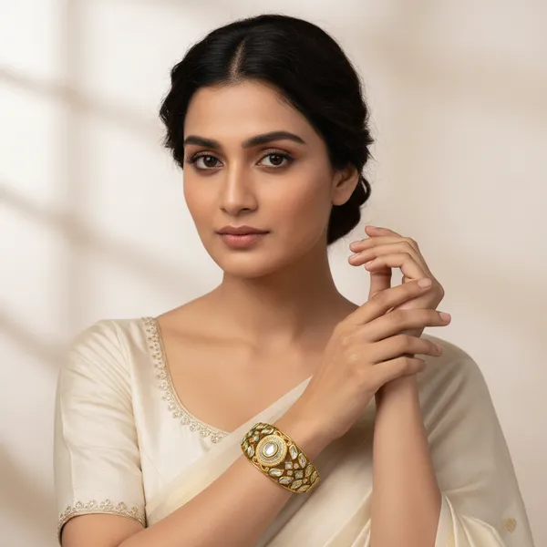 Gold_And_Clear_Toned_Regal_Kundan_Polki_Cuff_Bangle