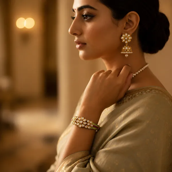 Gold_Exquisite_Kundan_Floral_And_Mint_Enamel_Bangle_With_Ruby_Accents